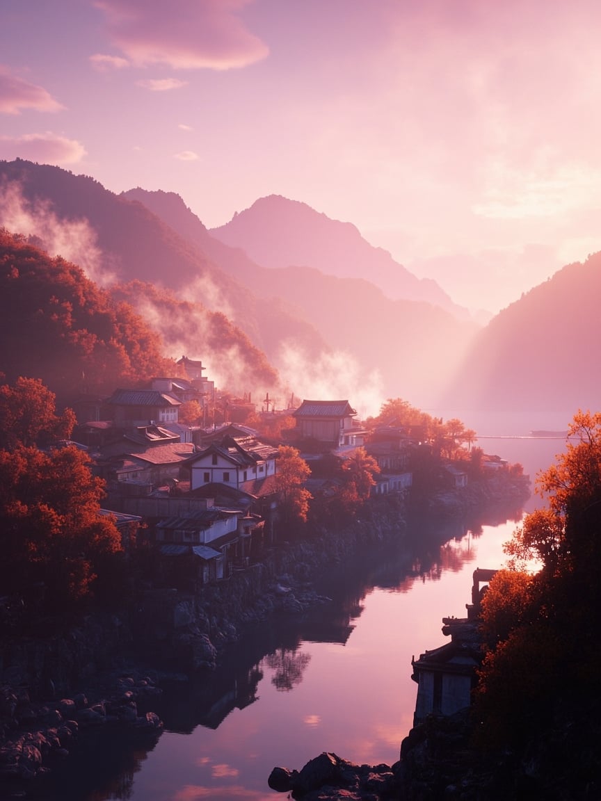 石城晨雾红枫的氛围照片